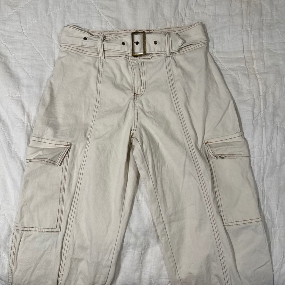 Cream High Waisted Belted Cargo Jogger Pants with Contrast Stitching Large